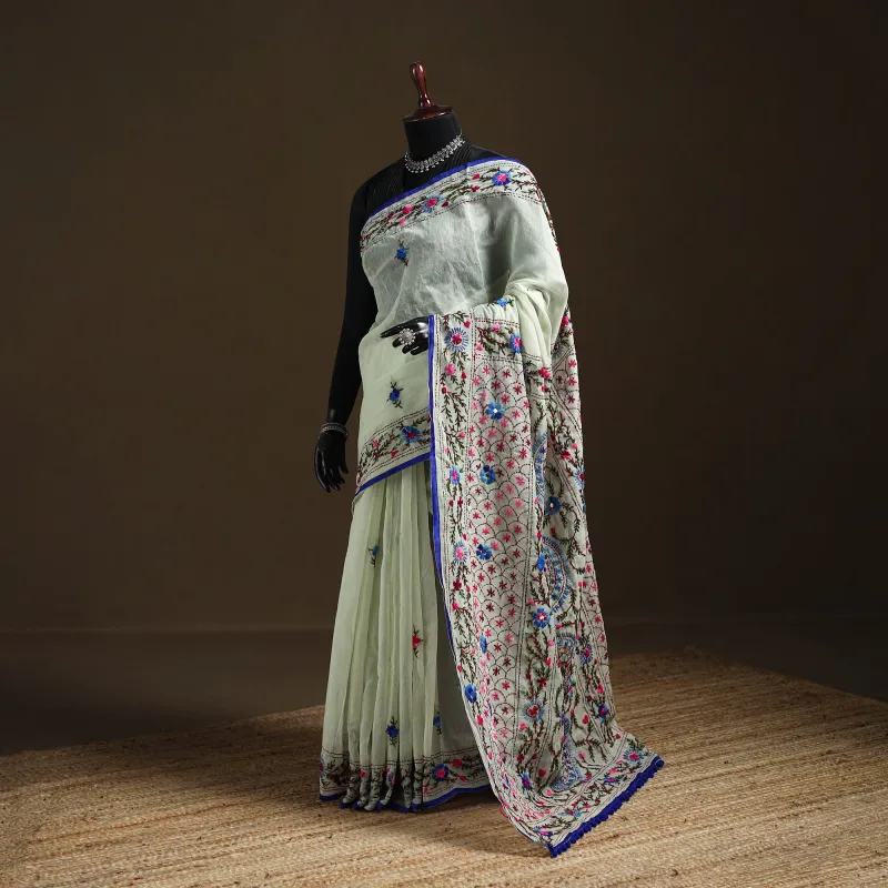 Green - Phulkari Hand Embroidery Chapa Work Chanderi Silk Saree 07 made by Itokri