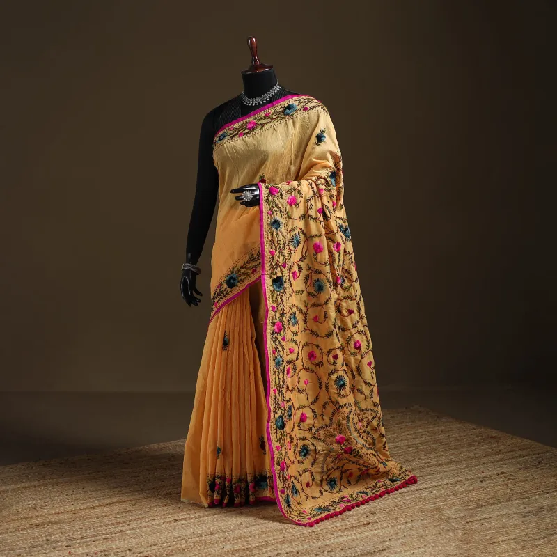Beige - Phulkari Hand Embroidery Chapa Work Chanderi Silk Saree 03 made by Itokri