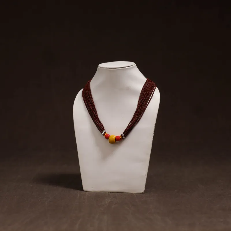 Maroon - Bead Work Handmade Baiga Tribal Moonga Dana Necklace 22 made by Itokri