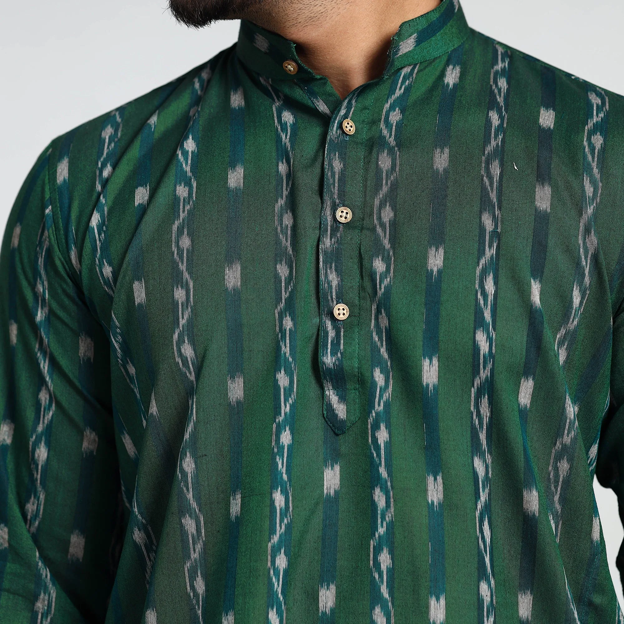 Dark Green - Sambalpuri Ikat Weave Cotton Men Short Kurta sold by Itokri product image thumbnail 4