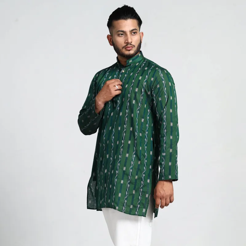 Dark Green - Sambalpuri Ikat Weave Cotton Men Short Kurta made by Itokri
