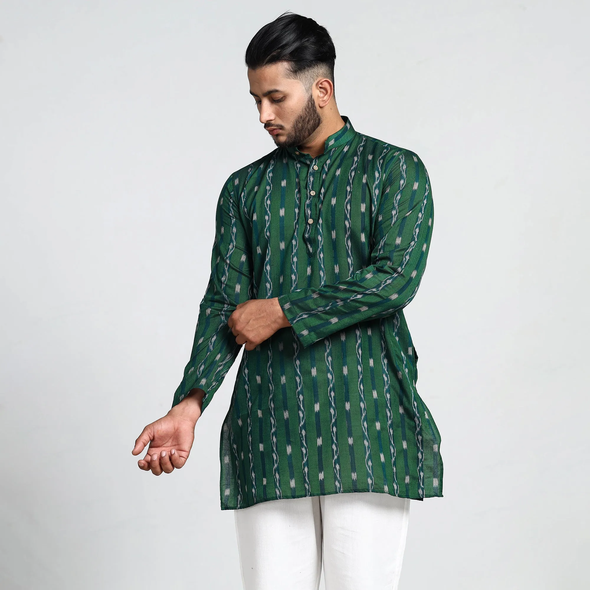 Dark Green - Sambalpuri Ikat Weave Cotton Men Short Kurta sold by Itokri product image thumbnail 3