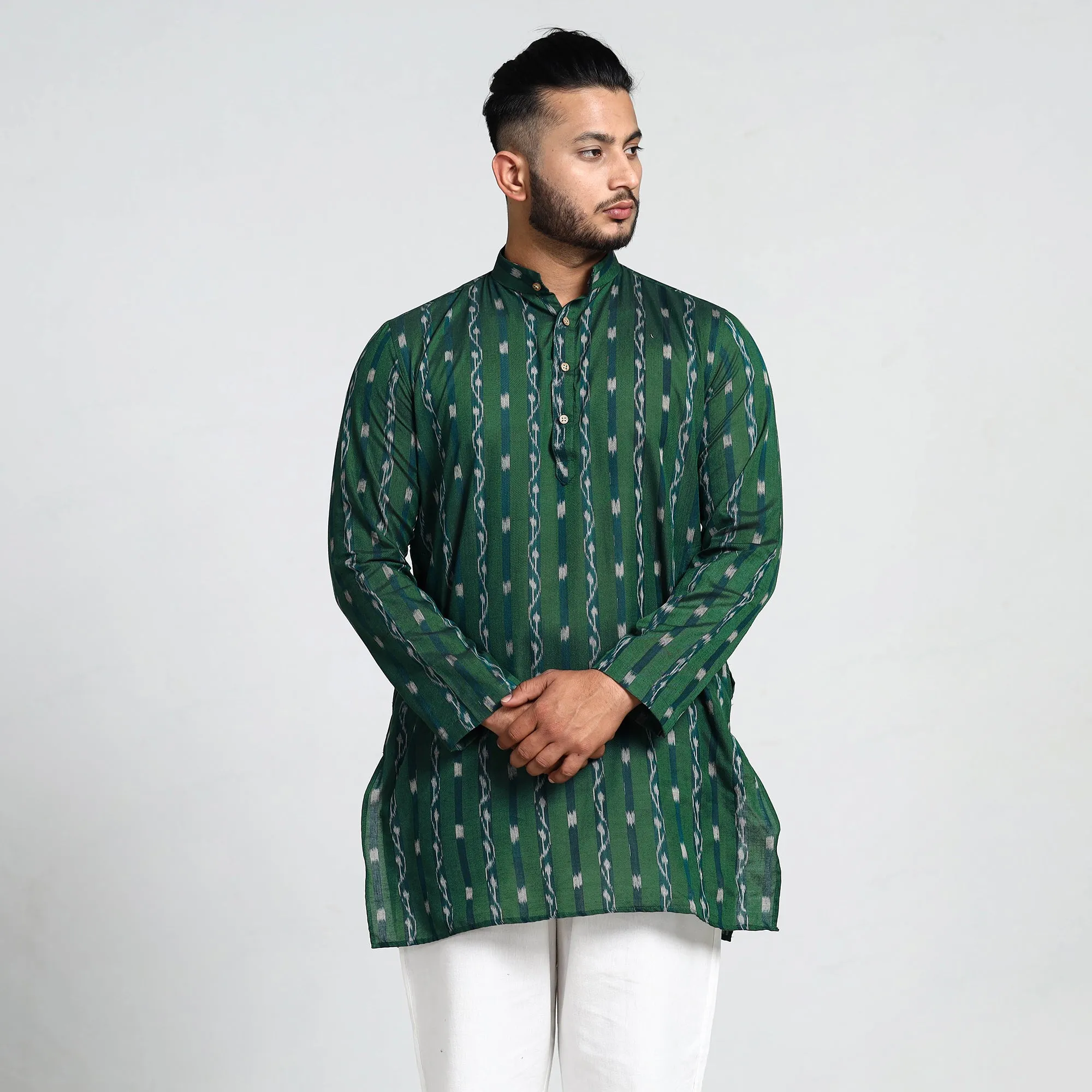 Dark Green - Sambalpuri Ikat Weave Cotton Men Short Kurta sold by Itokri product image thumbnail 2