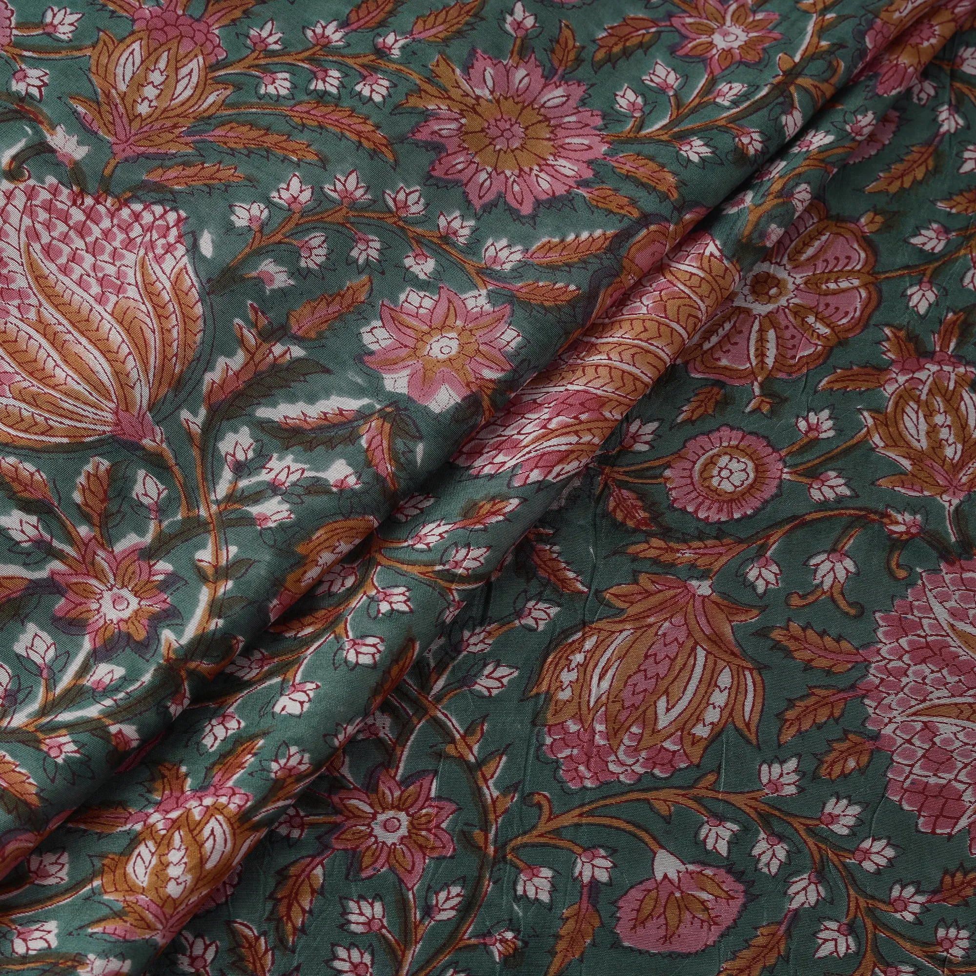 Green - Sanganeri Hand Block Print Modal Silk Fabric 18 sold by Itokri product image thumbnail 3