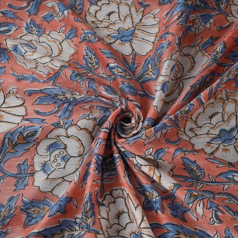 Peach - Sanganeri Hand Block Print Modal Silk Fabric 16 made by Itokri
