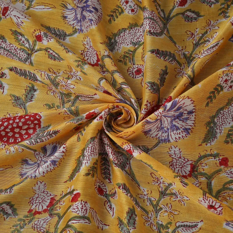 Yellow - Sanganeri Hand Block Print Modal Silk Fabric 15 made by Itokri
