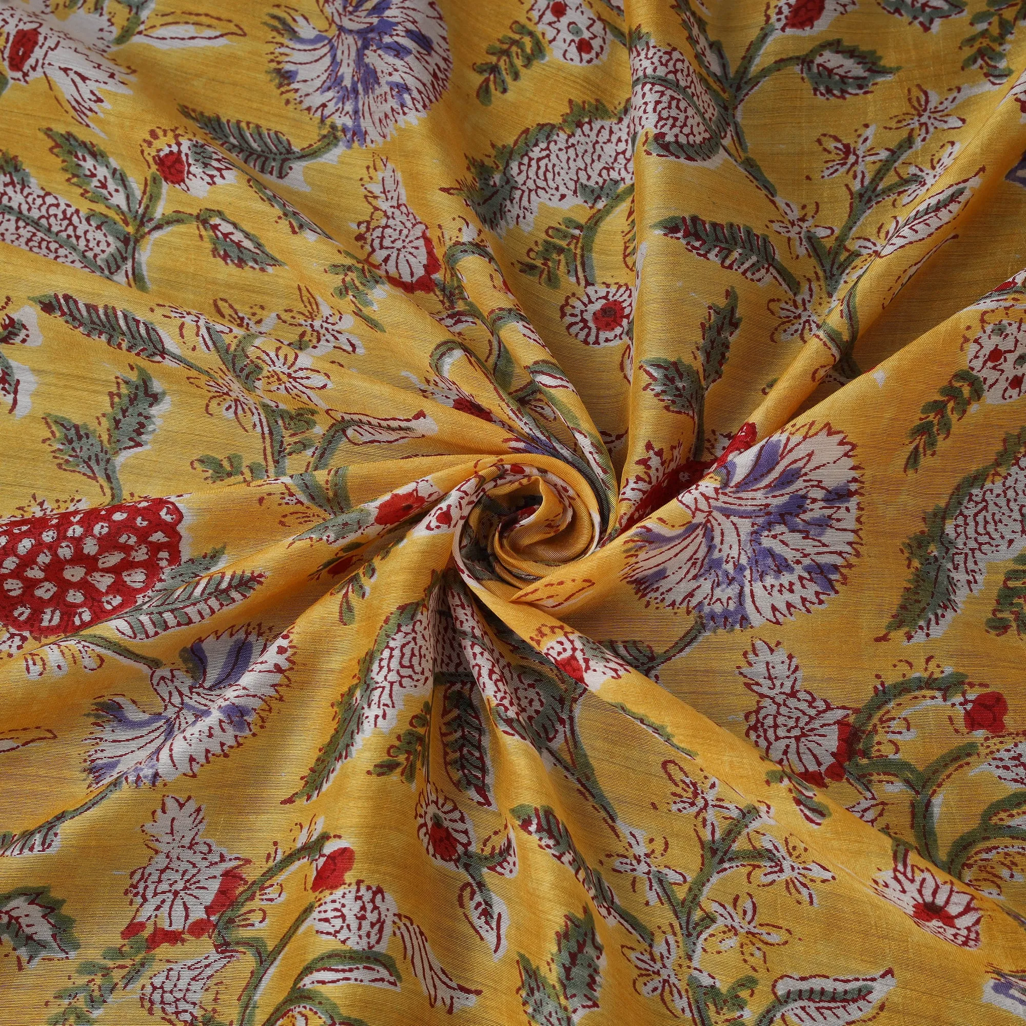 Yellow - Sanganeri Hand Block Print Modal Silk Fabric 15 sold by Itokri