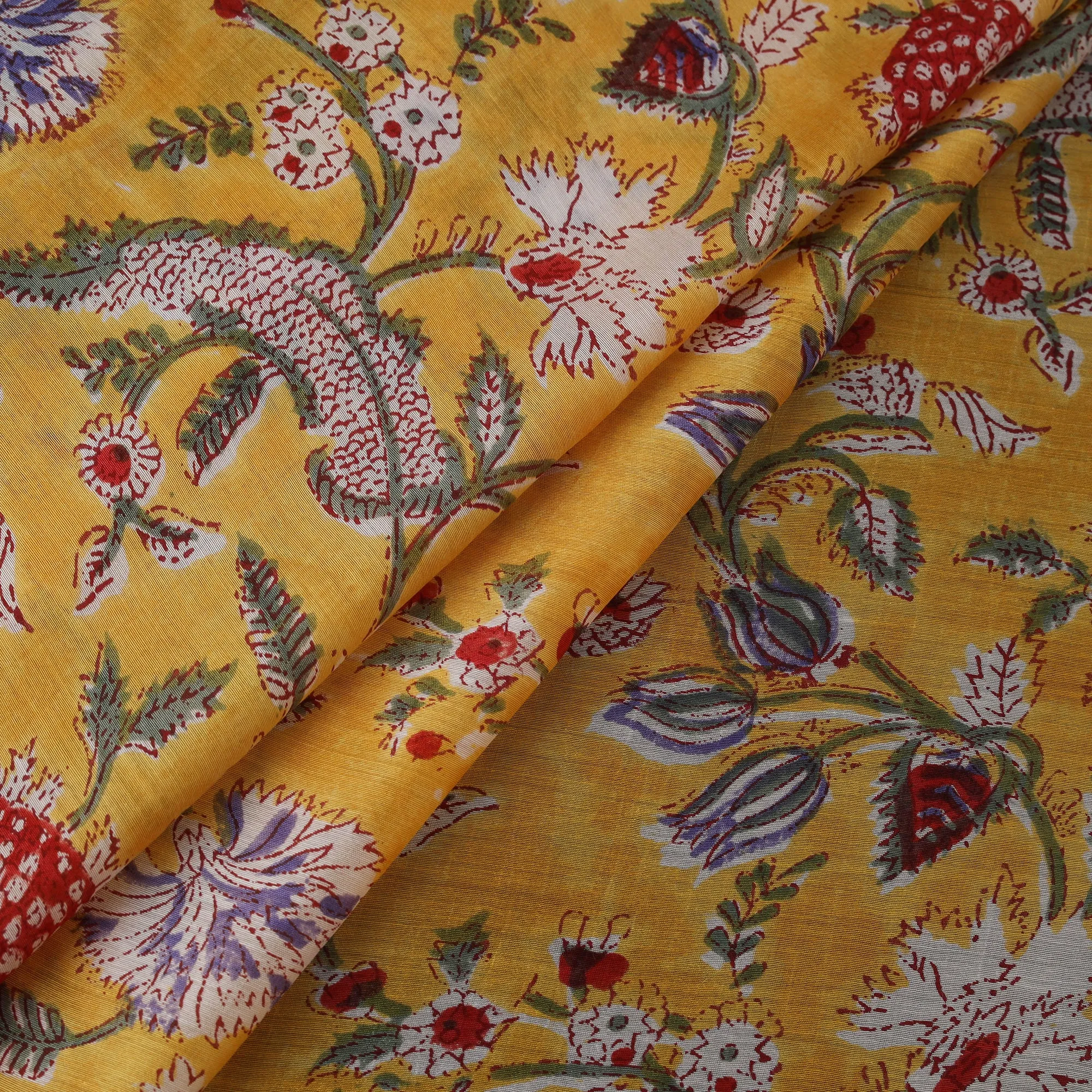 Yellow - Sanganeri Hand Block Print Modal Silk Fabric 15 sold by Itokri product image thumbnail 3