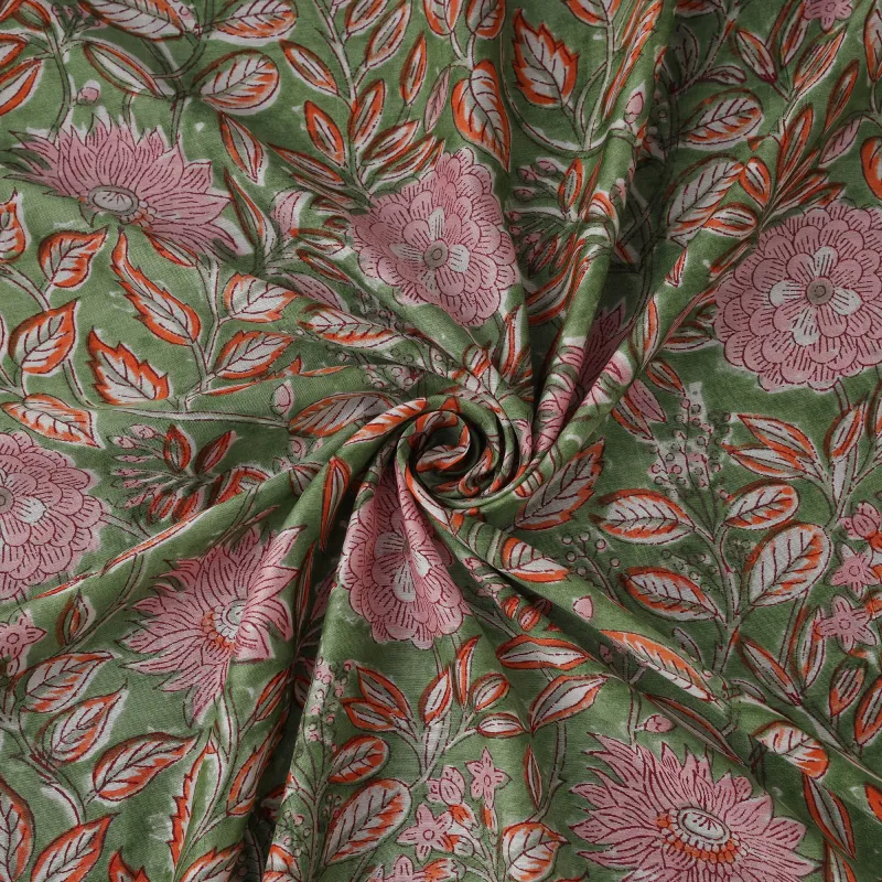 Green - Sanganeri Hand Block Print Modal Silk Fabric 11 made by Itokri