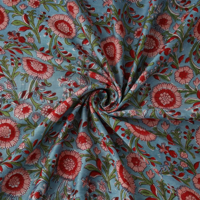 Blue - Sanganeri Hand Block Print Modal Silk Fabric 07 made by Itokri