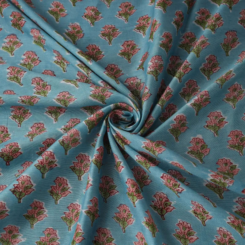 Blue - Sanganeri Hand Block Print Modal Silk Fabric 05 made by Itokri