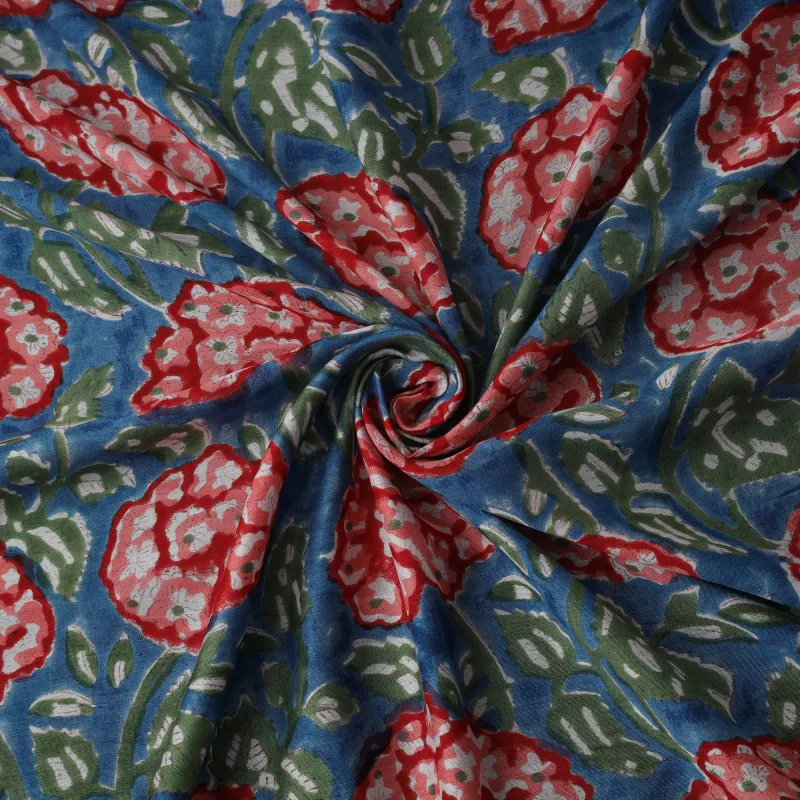 Blue - Sanganeri Hand Block Print Modal Silk Fabric 03 made by Itokri
