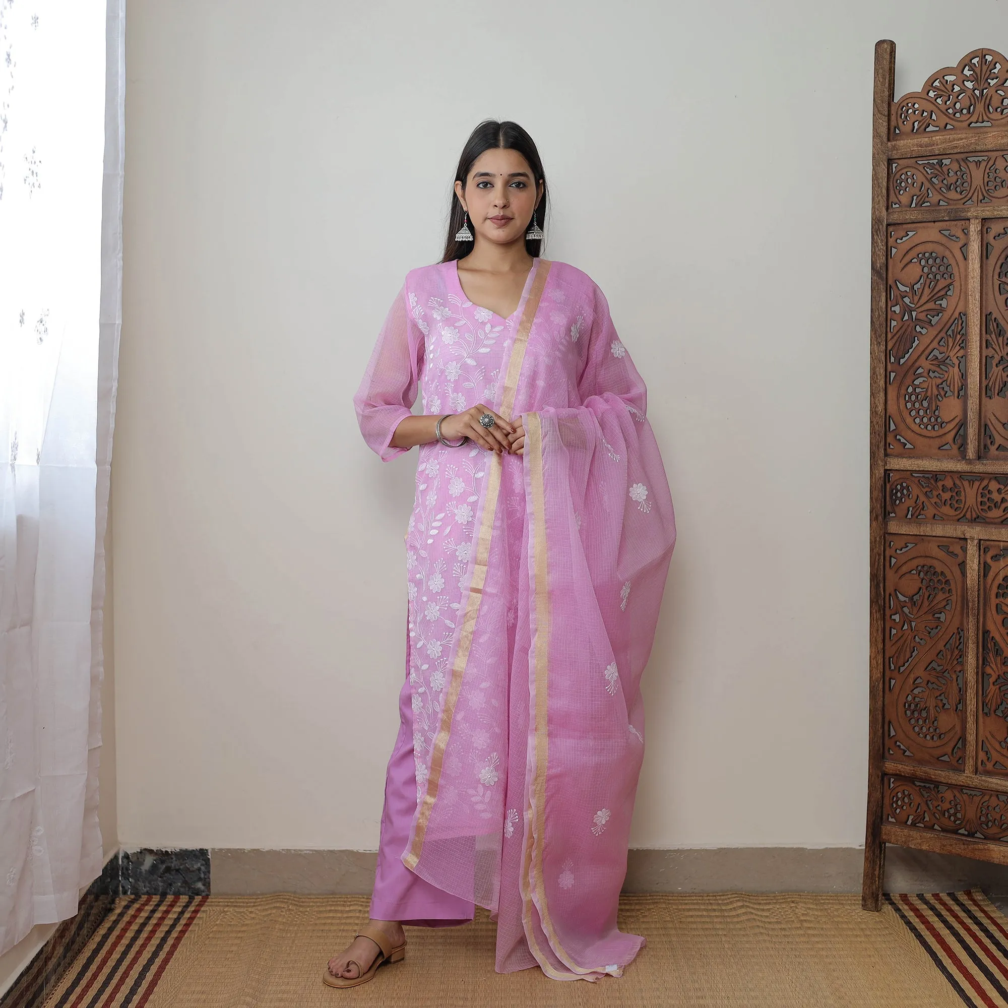 Pink - Kota Doria Cotton Embroidery Kurta Suit Set 09 sold by Itokri product image thumbnail 2