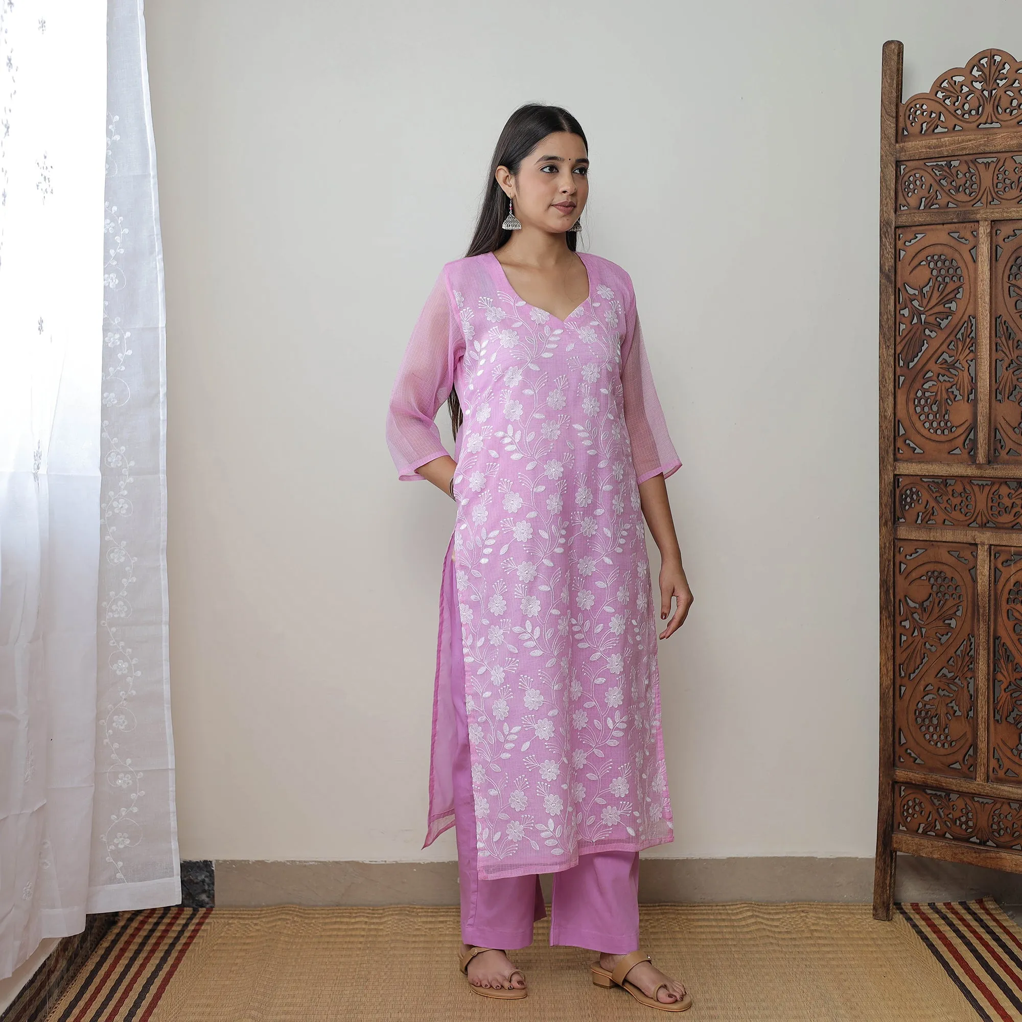 Pink - Kota Doria Cotton Embroidery Kurta Suit Set 09 sold by Itokri product image thumbnail 5