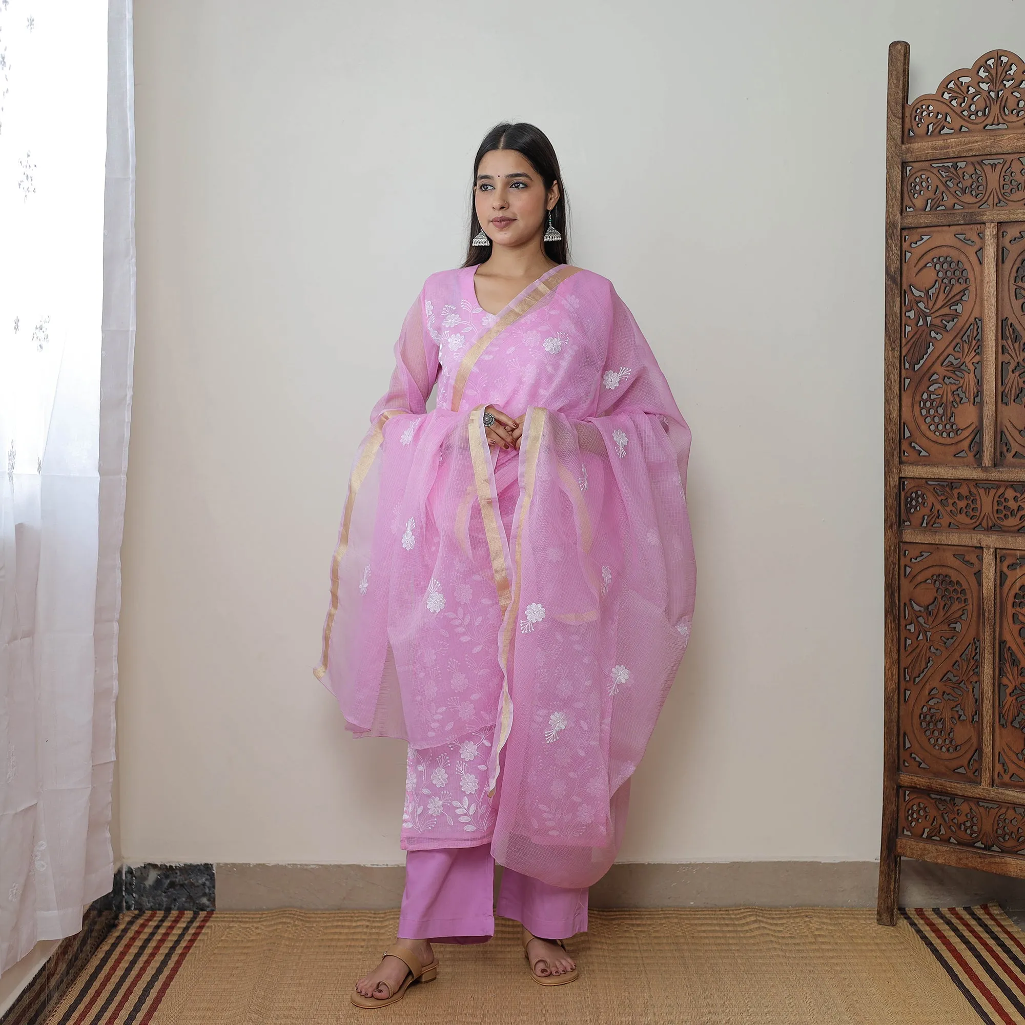 Pink - Kota Doria Cotton Embroidery Kurta Suit Set 09 sold by Itokri product image thumbnail 3