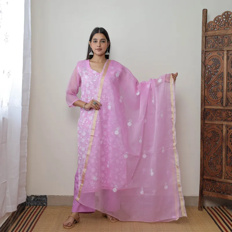Pink - Kota Doria Cotton Embroidery Kurta Suit Set 09 made by Itokri