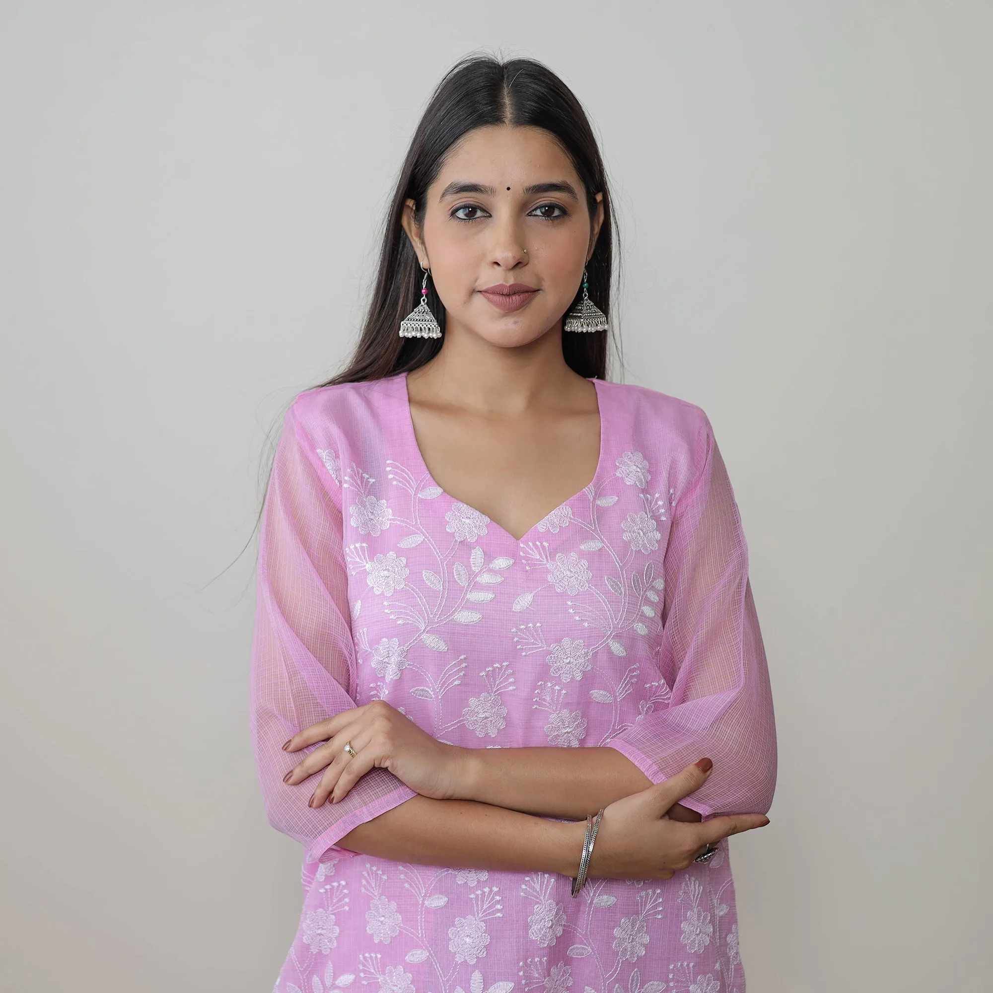 Pink - Kota Doria Cotton Embroidery Kurta Suit Set 09 sold by Itokri product image thumbnail 4