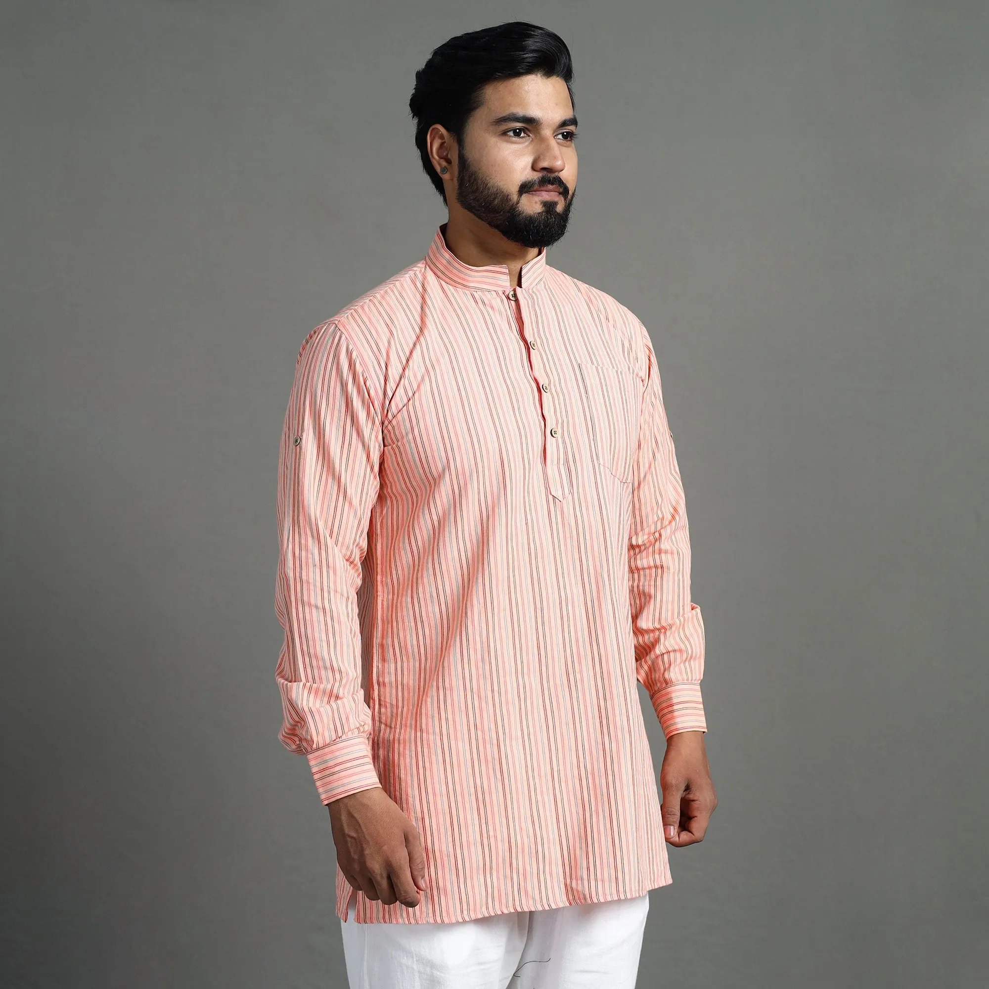 Peach - Handloom Cotton Stripe Men Short Kurta sold by Itokri product image thumbnail 5