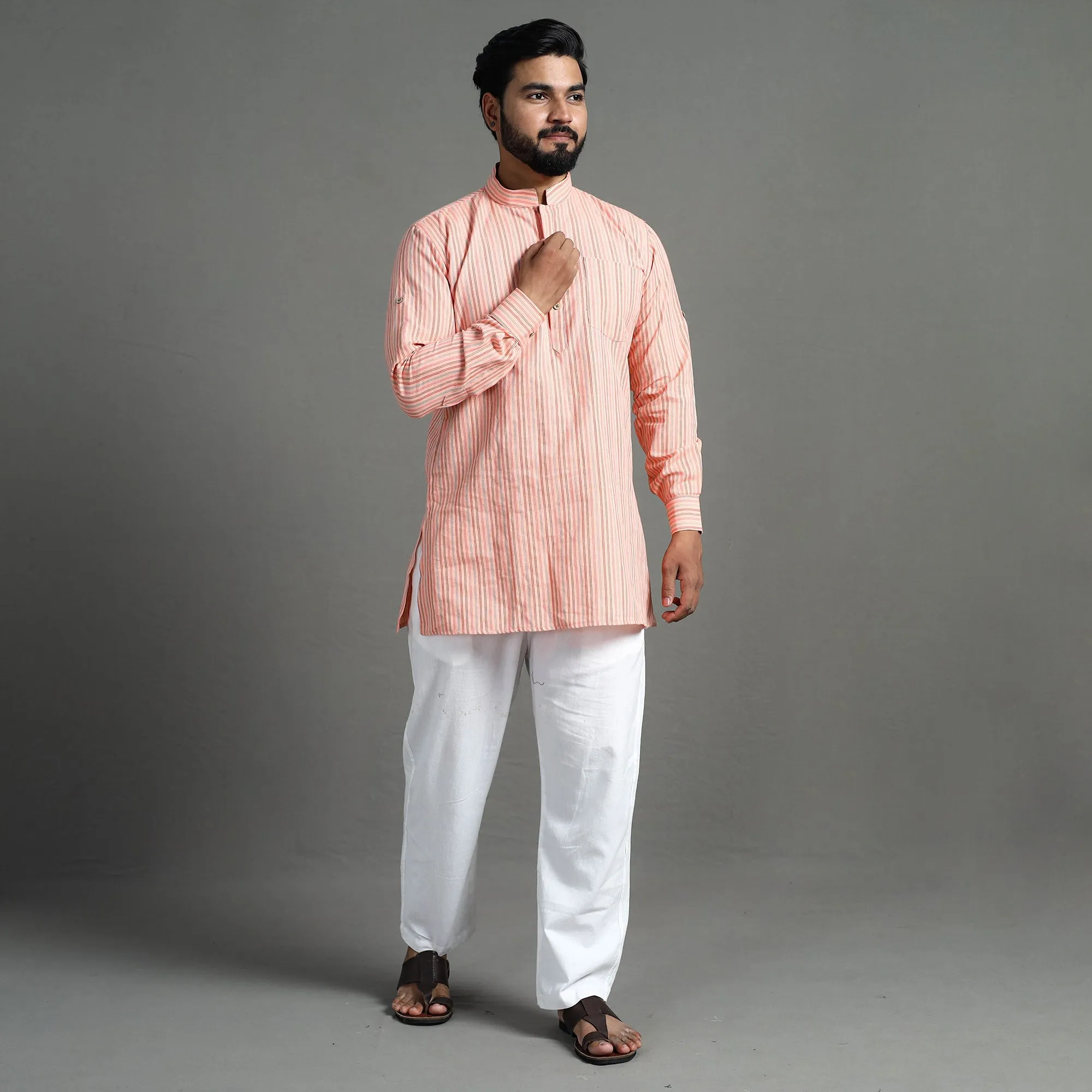 Peach - Handloom Cotton Stripe Men Short Kurta sold by Itokri