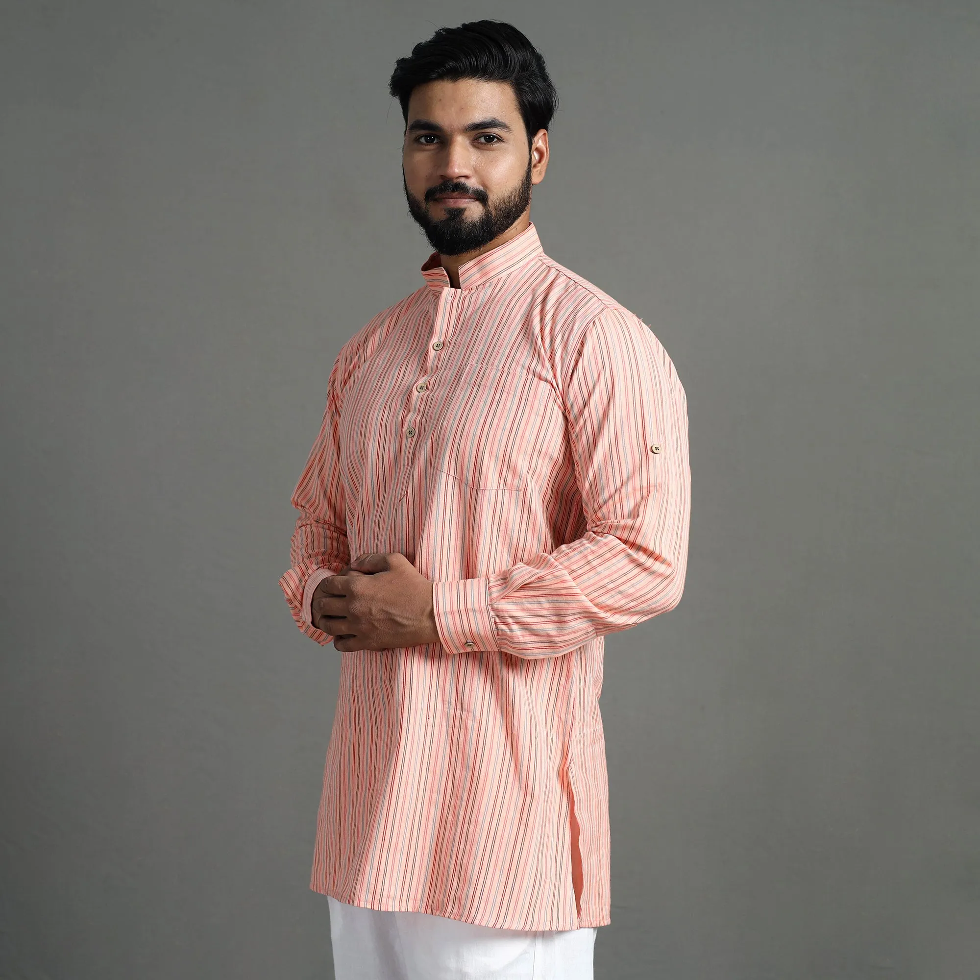Peach - Handloom Cotton Stripe Men Short Kurta sold by Itokri product image thumbnail 3
