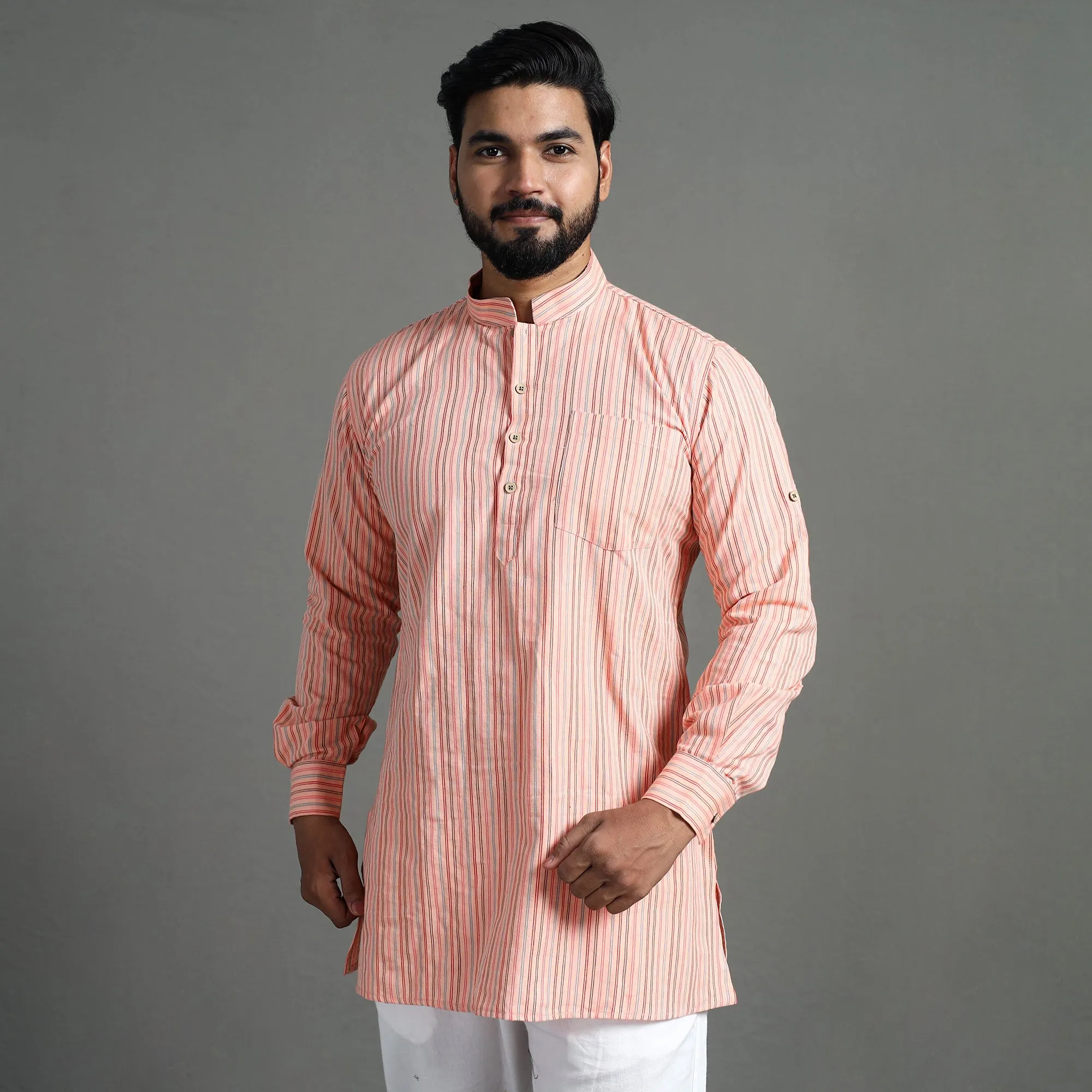 Peach - Handloom Cotton Stripe Men Short Kurta sold by Itokri product image thumbnail 4