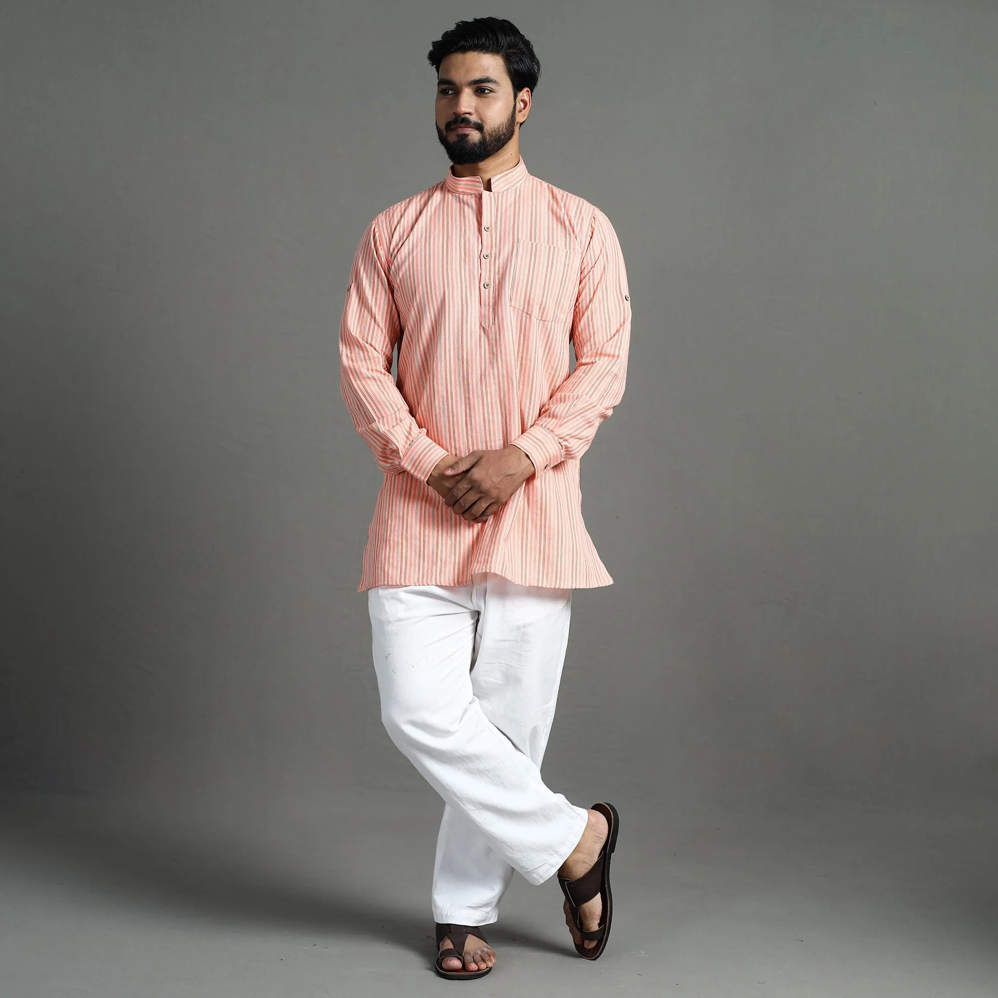 Peach - Handloom Cotton Stripe Men Short Kurta sold by Itokri product image thumbnail 2