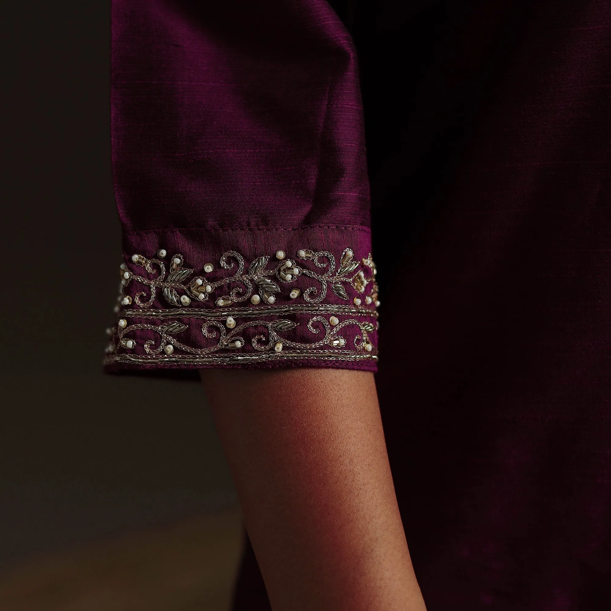 Purple - Slub Silk Hand Embroidered Straight Plain Kurta 14 sold by Itokri product image thumbnail 5