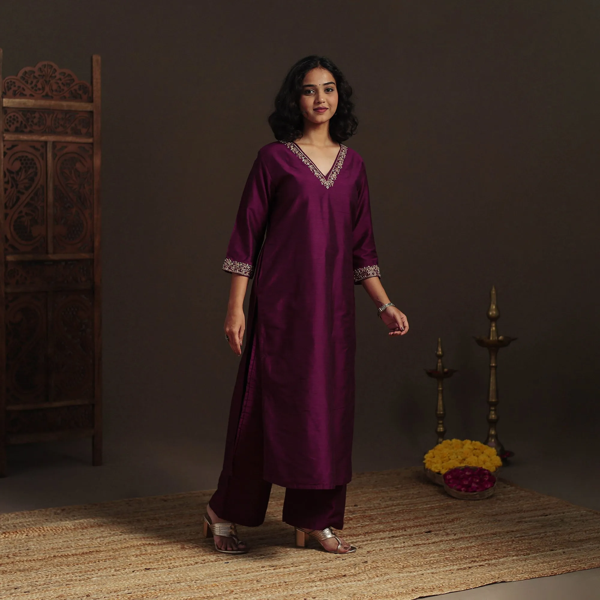 Purple - Slub Silk Hand Embroidered Straight Plain Kurta 14 sold by Itokri product image thumbnail 3