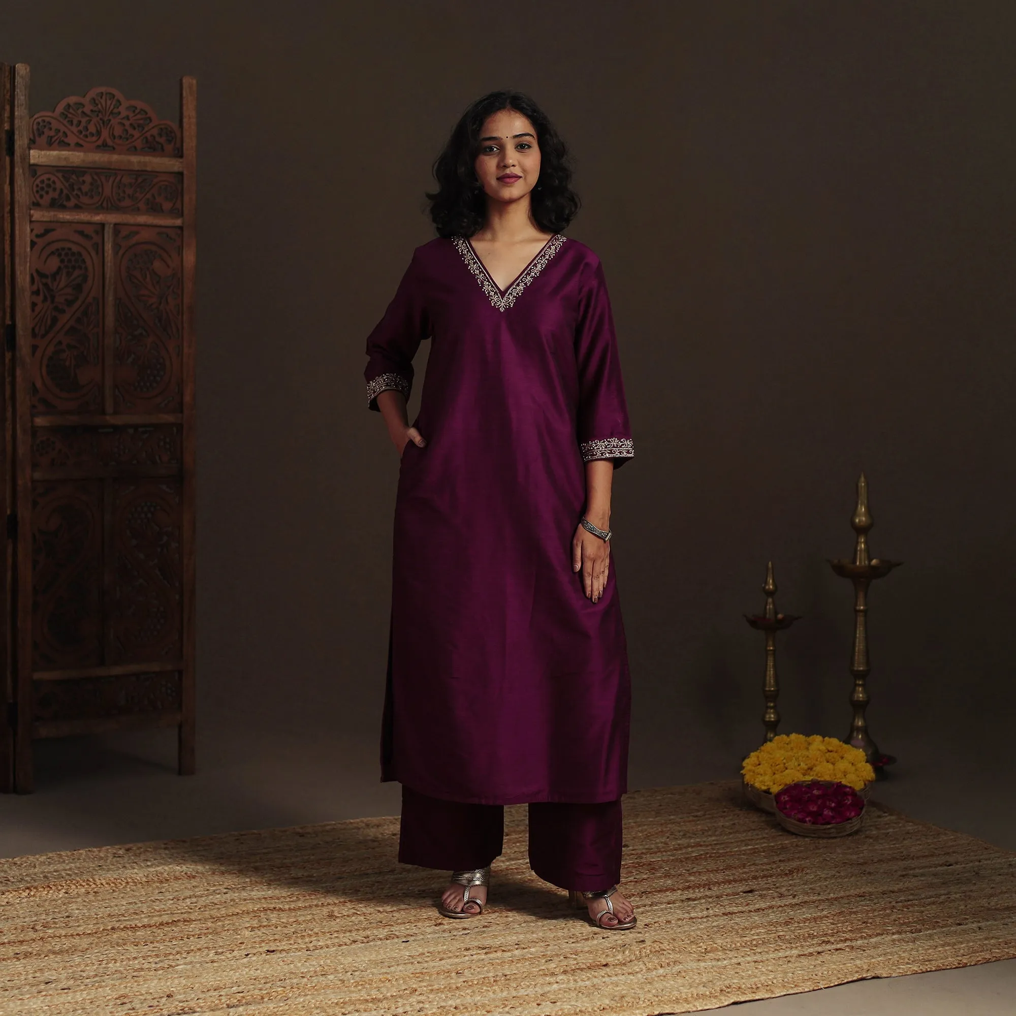Purple - Slub Silk Hand Embroidered Straight Plain Kurta 14 sold by Itokri product image thumbnail 2
