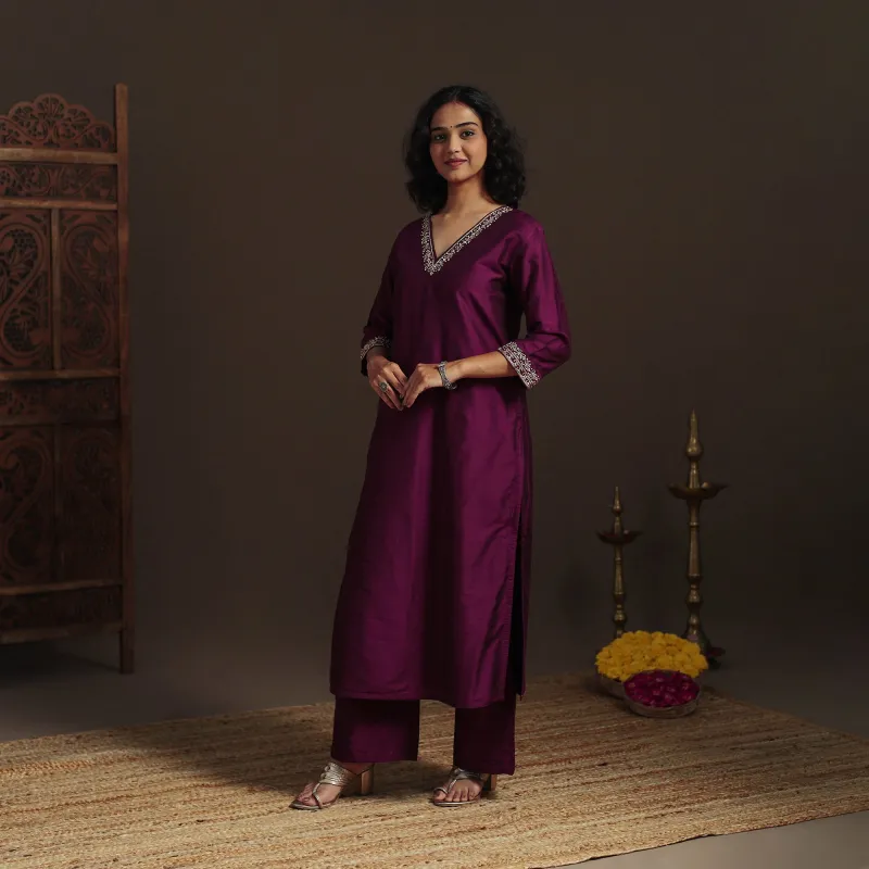 Purple - Slub Silk Hand Embroidered Straight Plain Kurta 14 made by Itokri