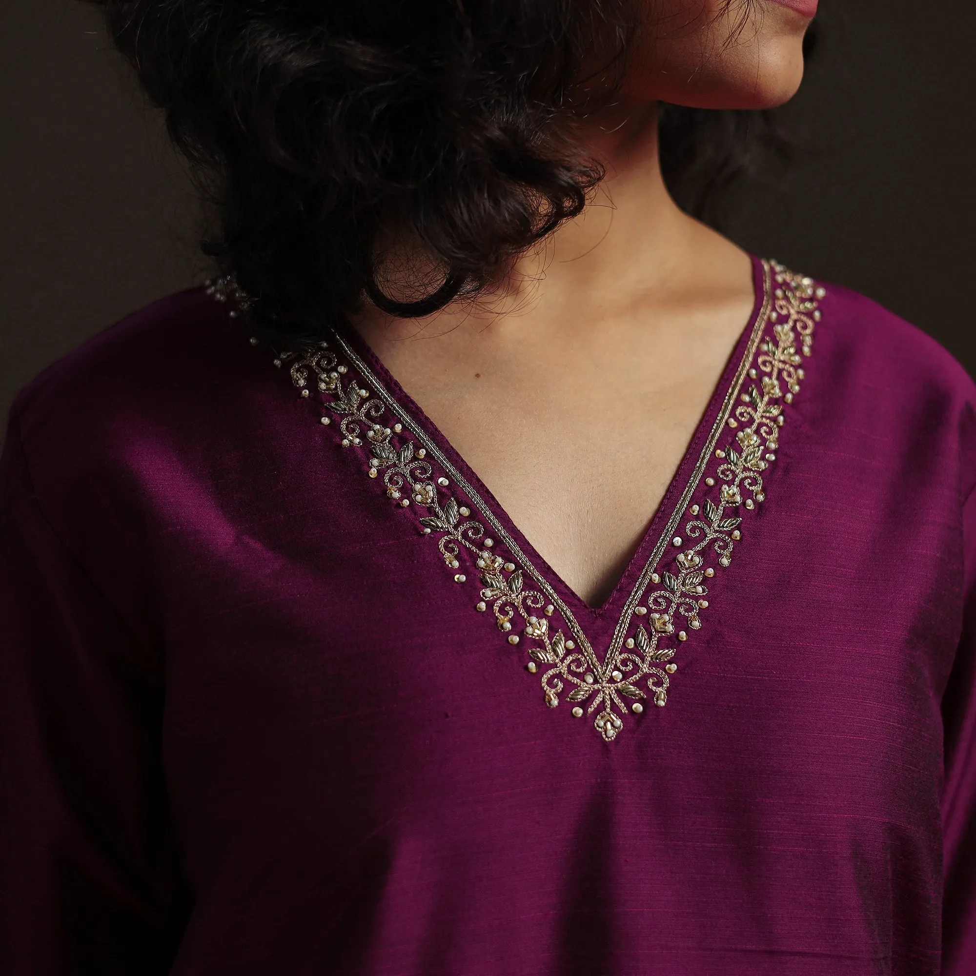 Purple - Slub Silk Hand Embroidered Straight Plain Kurta 14 sold by Itokri product image thumbnail 4