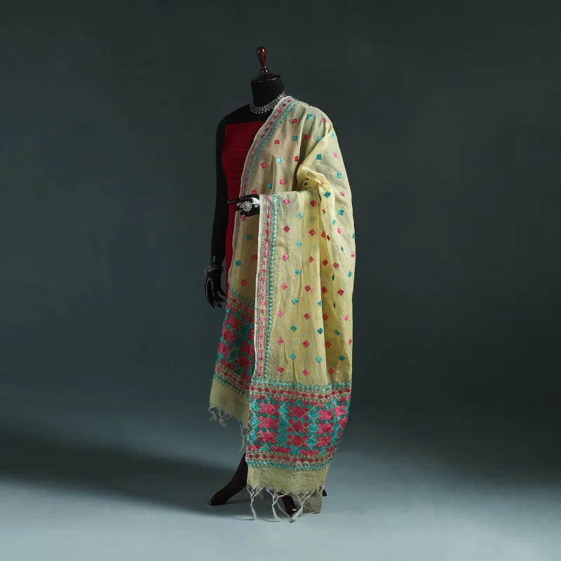 Yellow - Kota Doria Silk Hand Embroidered Chapa Work Phulkari Dupatta with Tassels 33 made by Itokri