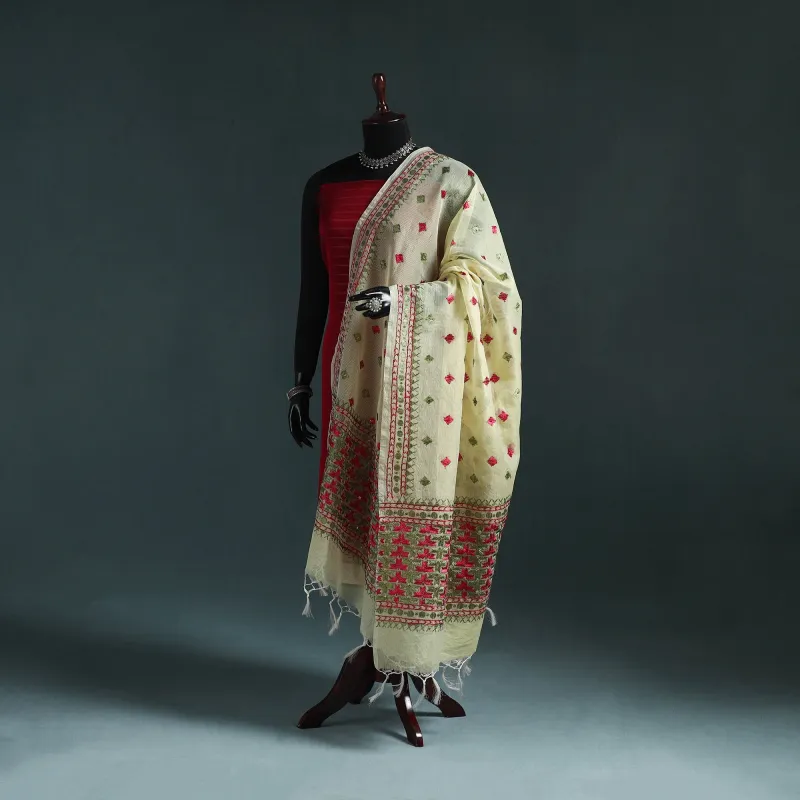 Yellow - Kota Doria Silk Hand Embroidered Chapa Work Phulkari Dupatta with Tassels 03 made by Itokri