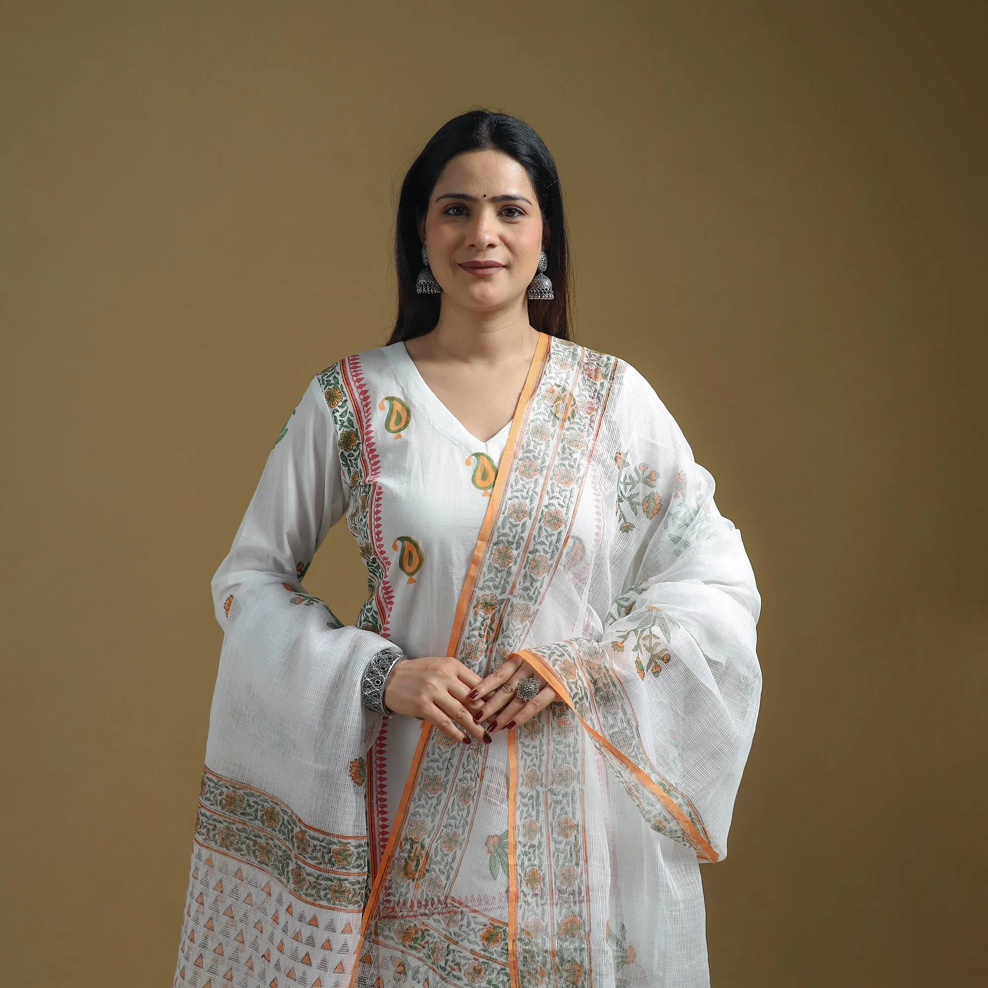 White - Sanganeri Hand Block Print Cotton Suit Set with Dupatta for women 24 sold by Itokri product image thumbnail 3