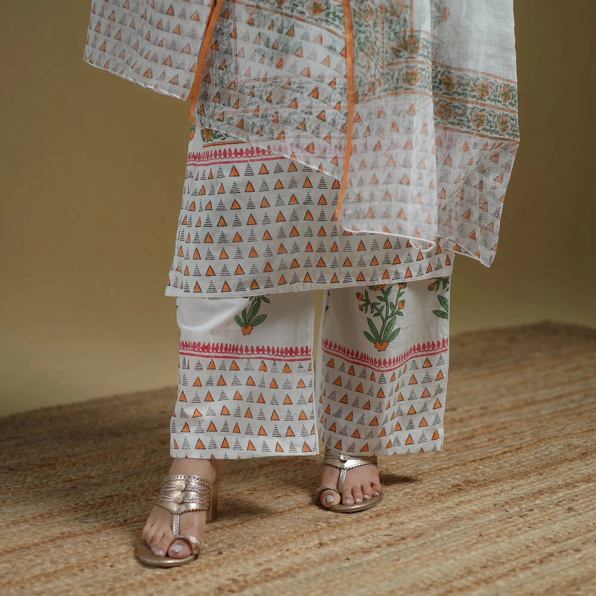 White - Sanganeri Hand Block Print Cotton Suit Set with Dupatta for women 24 sold by Itokri product image thumbnail 5