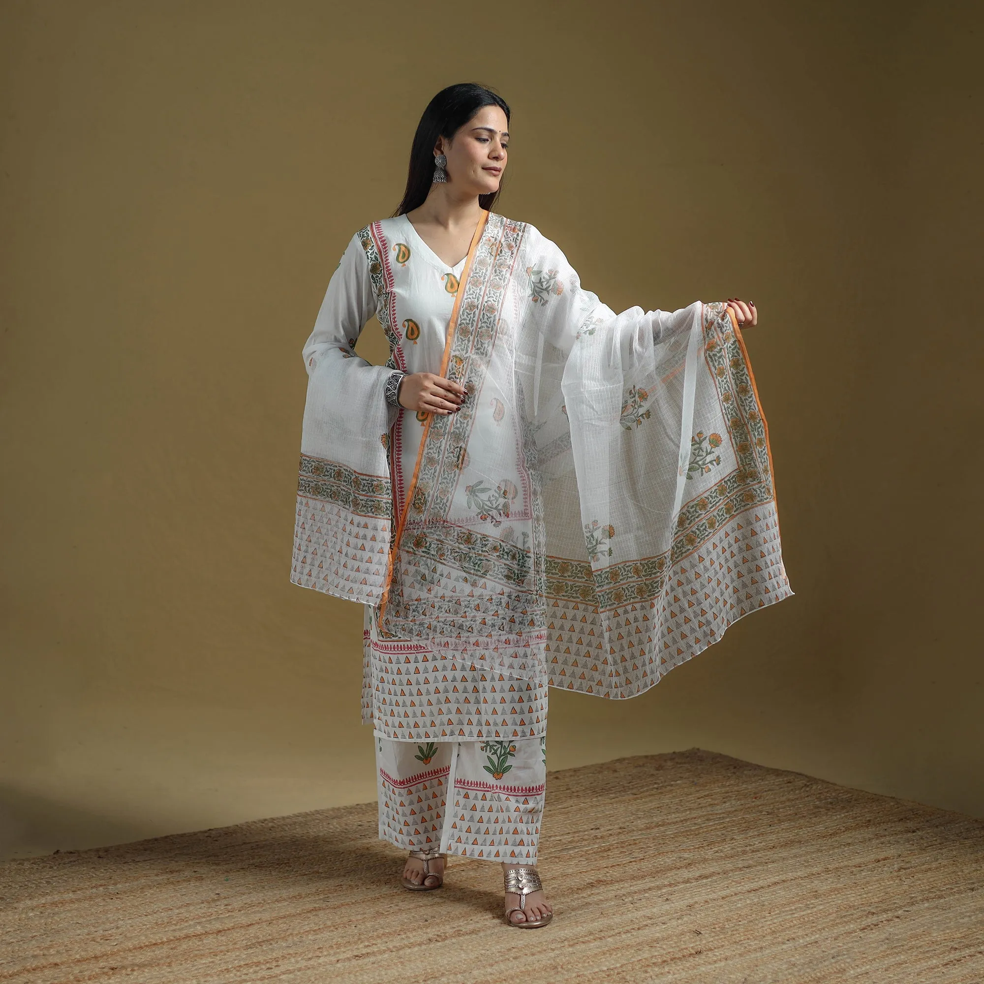 White - Sanganeri Hand Block Print Cotton Suit Set with Dupatta for women 24 sold by Itokri product image thumbnail 2