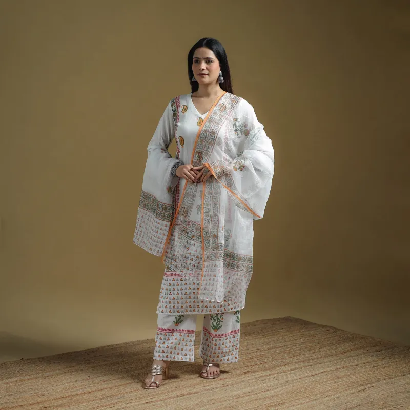 White - Sanganeri Hand Block Print Cotton Suit Set with Dupatta for women 24 made by Itokri