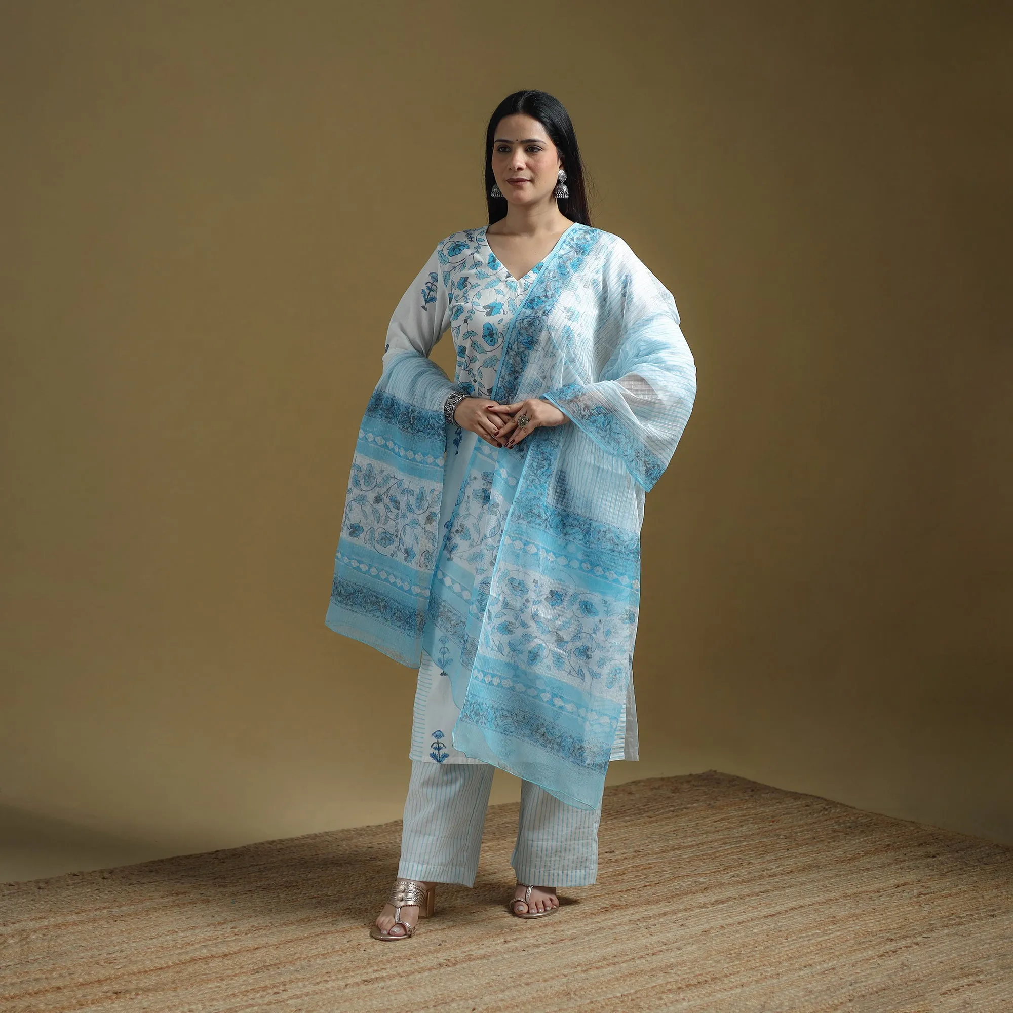 Blue - Sanganeri Hand Block Print Cotton Suit Set with Dupatta for women 23 sold by Itokri