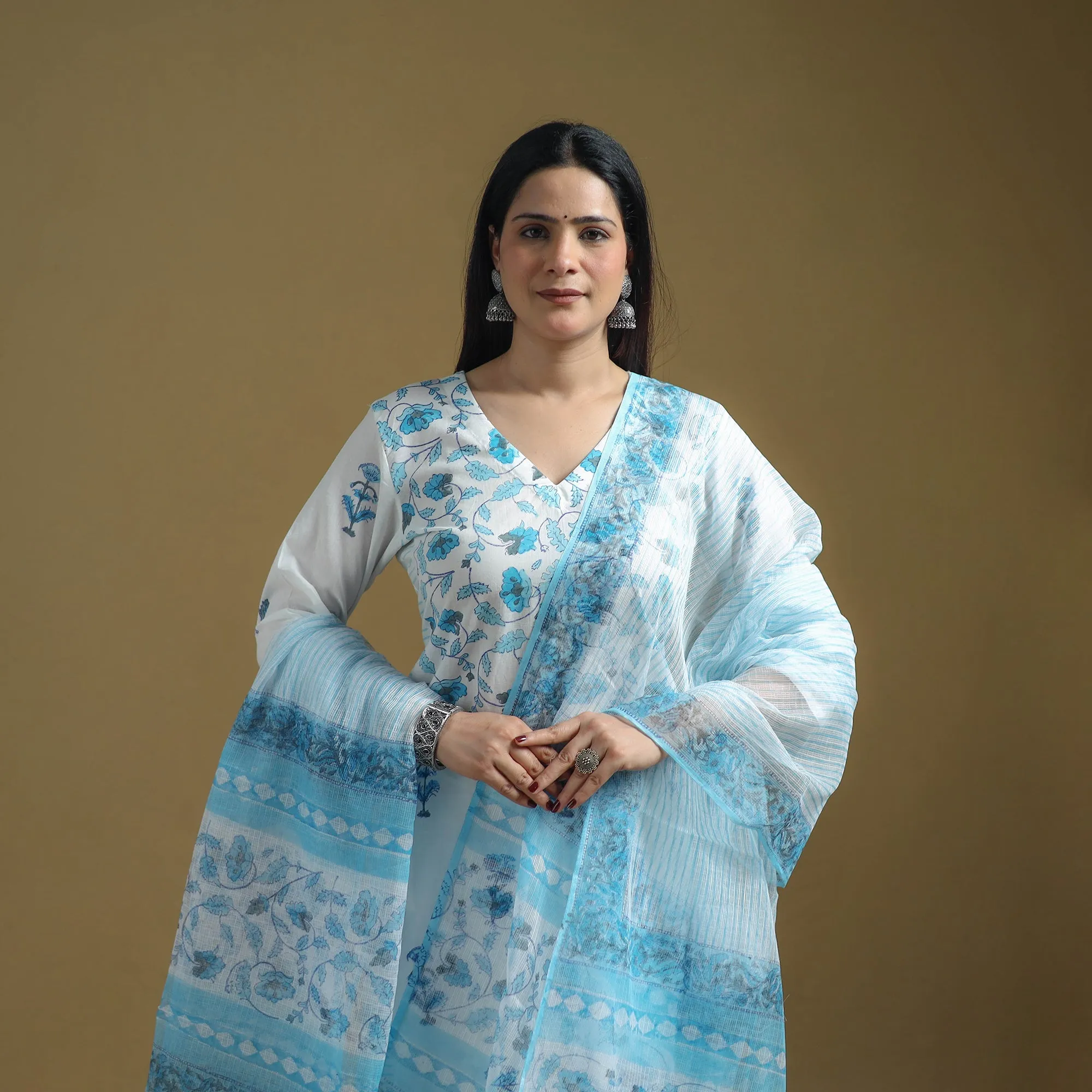 Blue - Sanganeri Hand Block Print Cotton Suit Set with Dupatta for women 23 sold by Itokri product image thumbnail 3