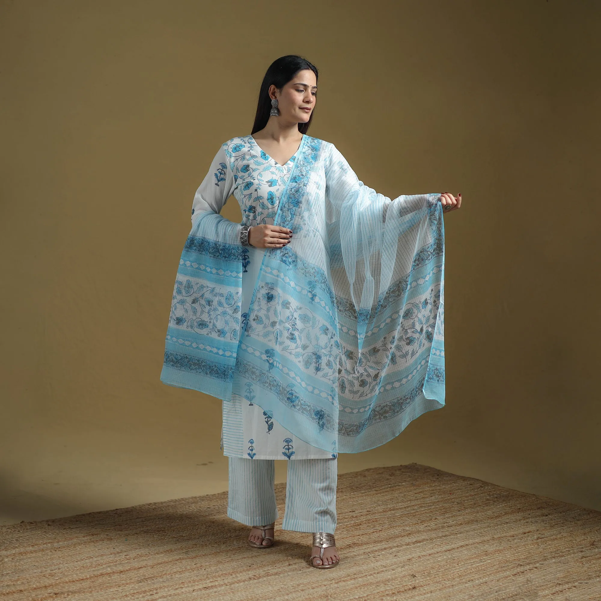 Blue - Sanganeri Hand Block Print Cotton Suit Set with Dupatta for women 23 sold by Itokri product image thumbnail 2