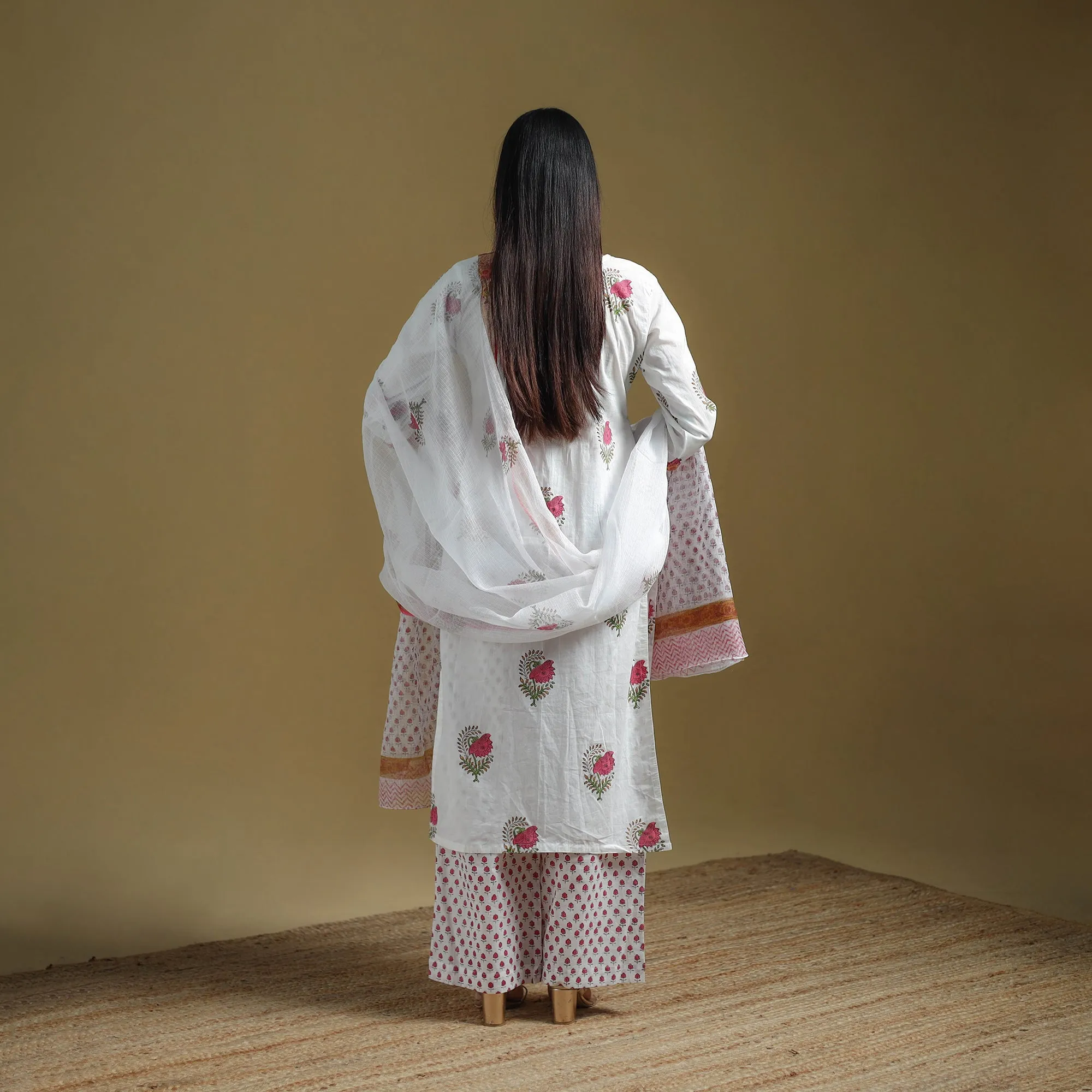 White - Sanganeri Hand Block Print Cotton Suit Set with Dupatta for women 21 sold by Itokri product image thumbnail 4
