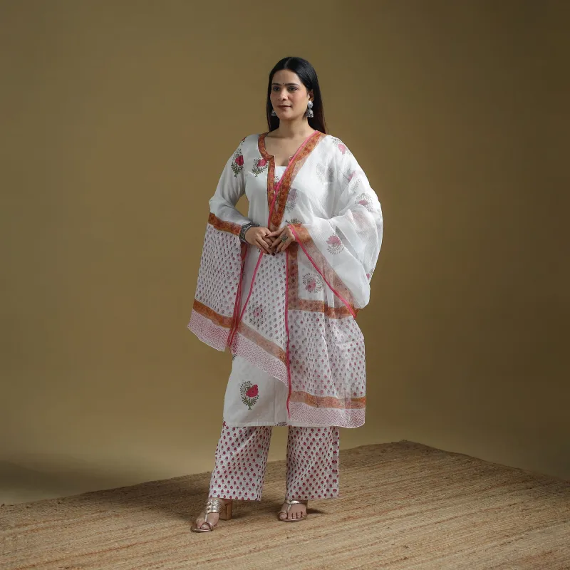 White - Sanganeri Hand Block Print Cotton Suit Set with Dupatta for women 21 made by Itokri