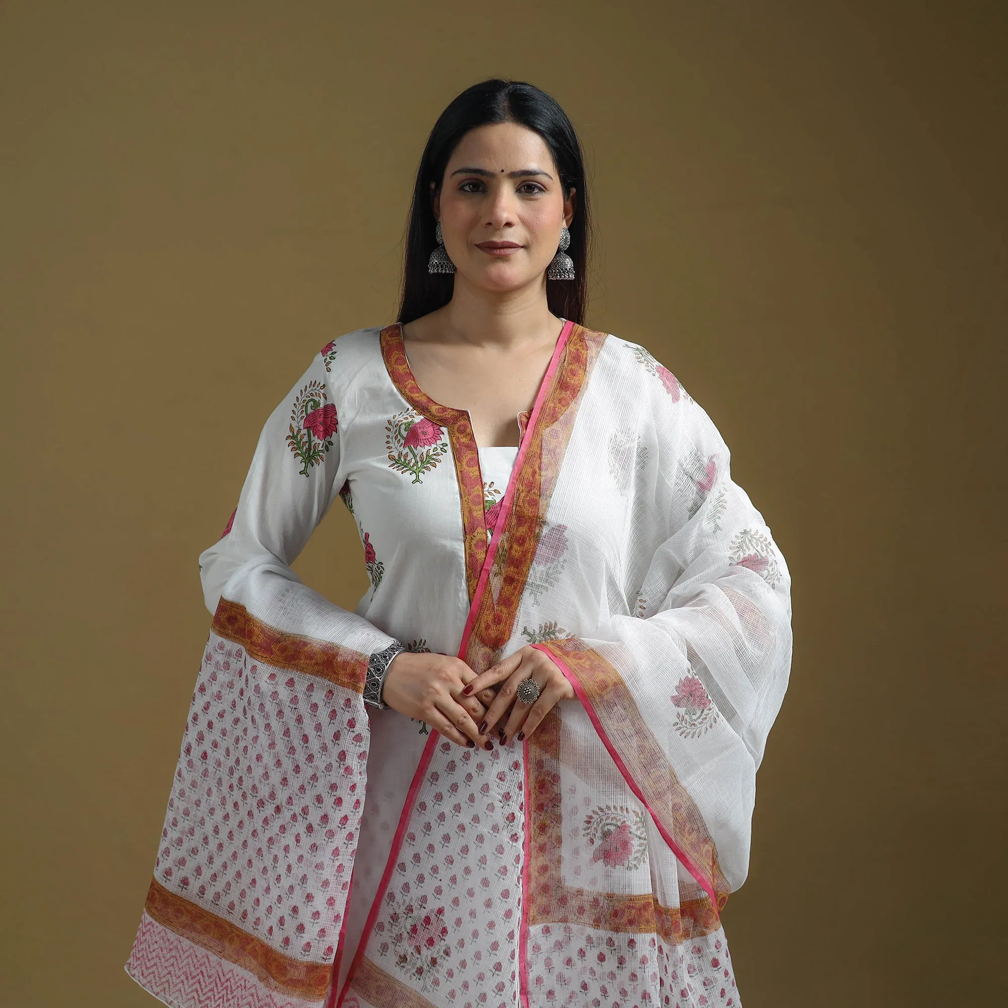 White - Sanganeri Hand Block Print Cotton Suit Set with Dupatta for women 21 sold by Itokri product image thumbnail 3