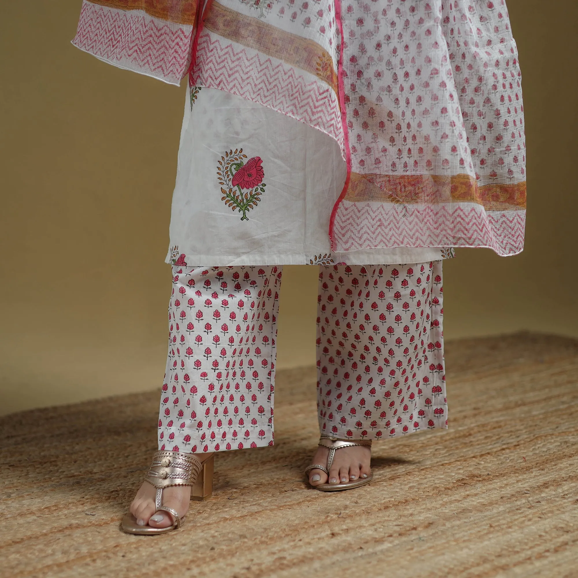 White - Sanganeri Hand Block Print Cotton Suit Set with Dupatta for women 21 sold by Itokri product image thumbnail 5