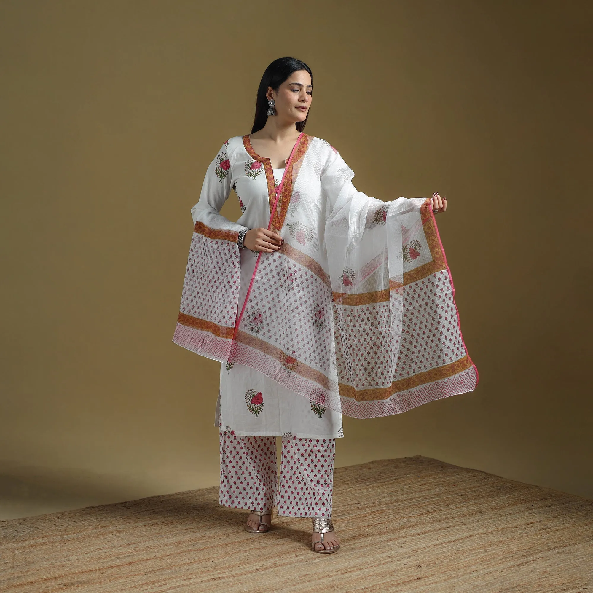 White - Sanganeri Hand Block Print Cotton Suit Set with Dupatta for women 21 sold by Itokri product image thumbnail 2
