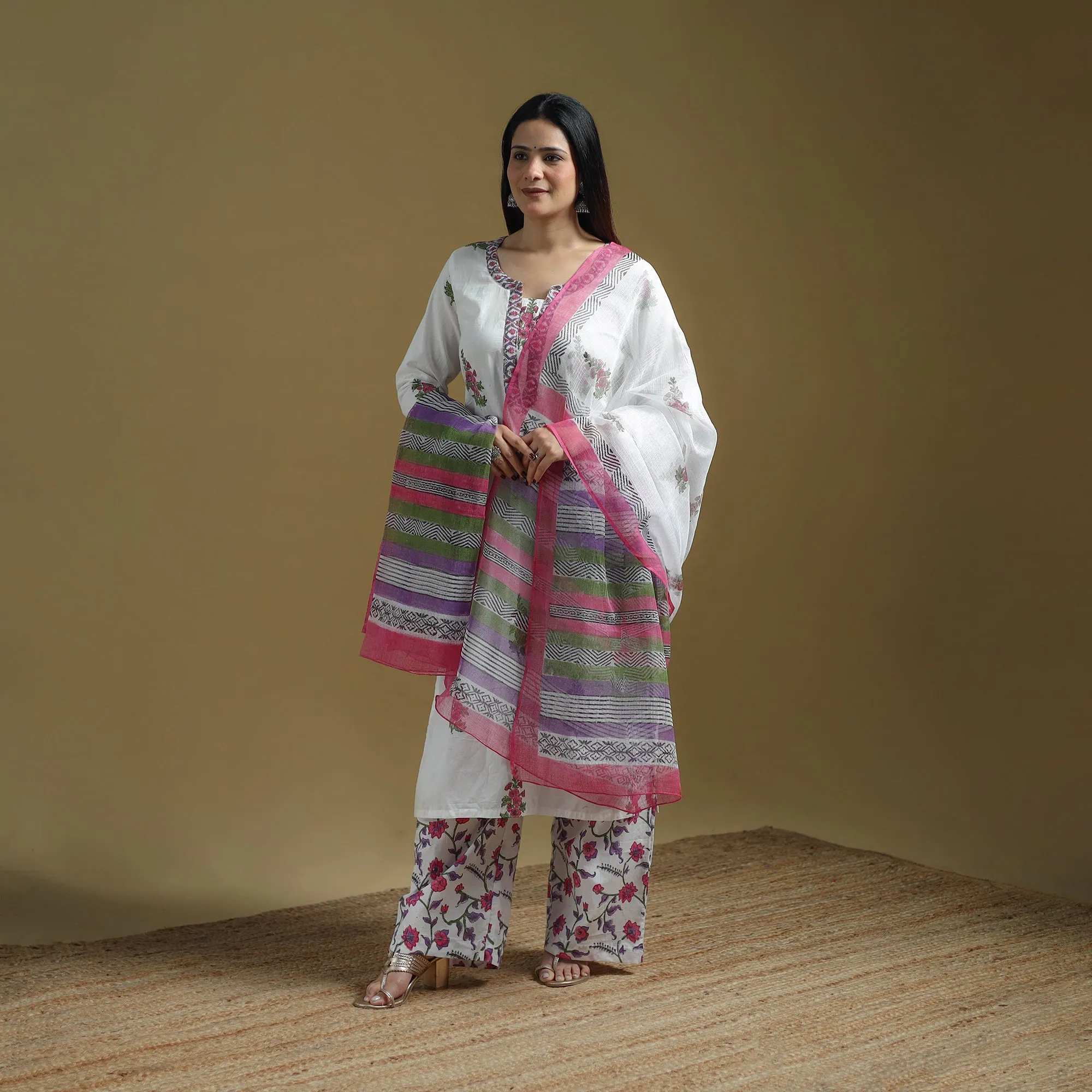 Pink - Sanganeri Hand Block Print Cotton Suit Set with Dupatta for women 19 sold by Itokri