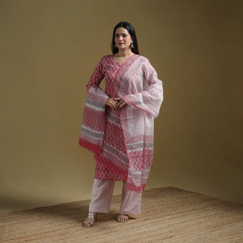 Pink - Sanganeri Hand Block Print Cotton Suit Set with Dupatta for women 16 made by Itokri