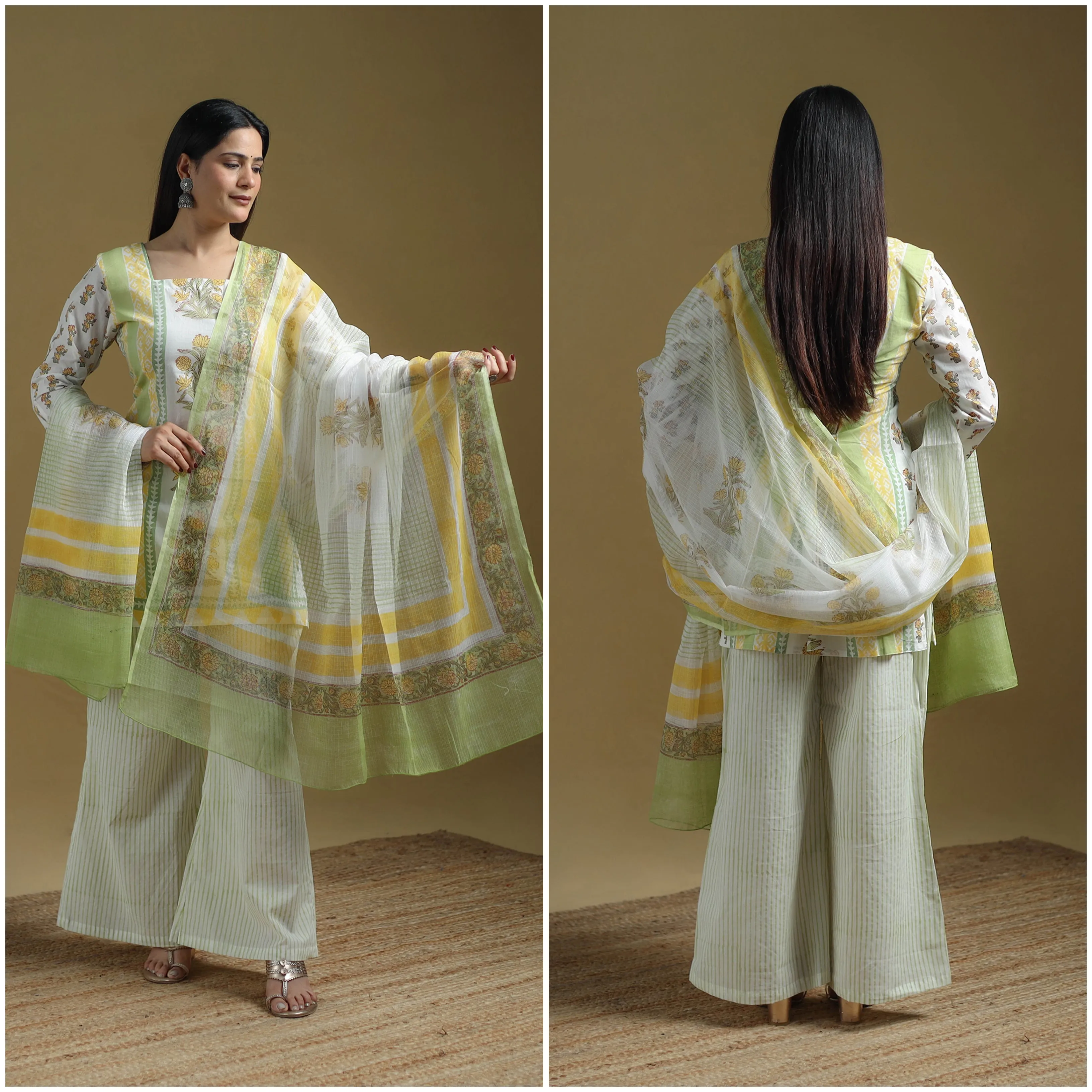 Green - Sanganeri Hand Block Print Cotton Suit Set with Dupatta for women 28 sold by Itokri product image thumbnail 3