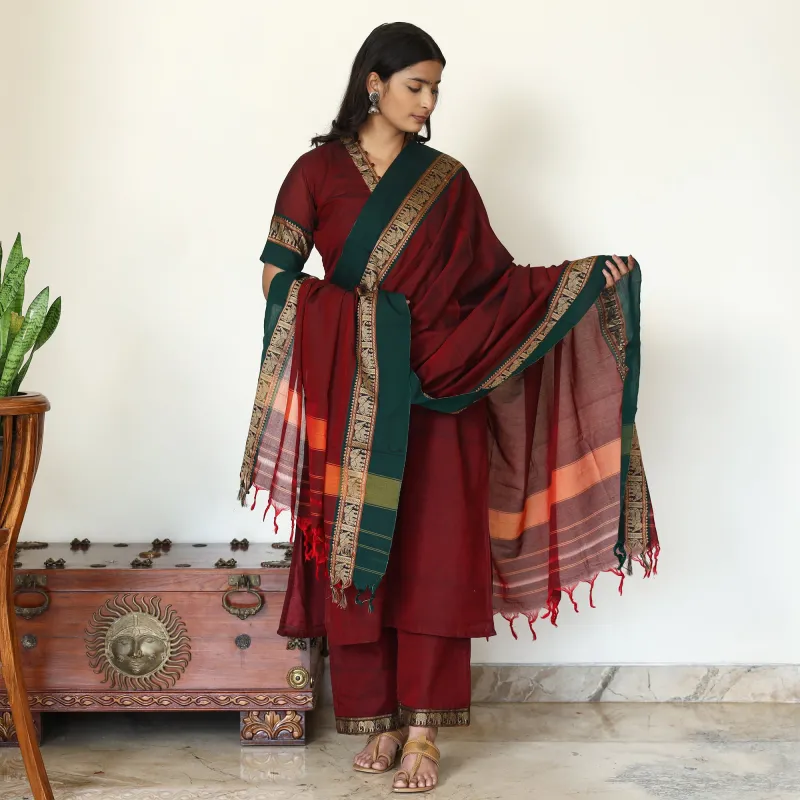 Maroon - Dharwad Cotton Kurta with Palazzo & Dupatta Set 16 made by Itokri