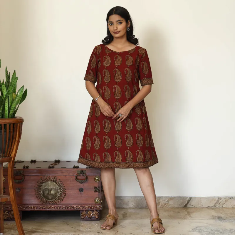 Red - Bagh Hand Block Printed Cotton Dress made by Itokri